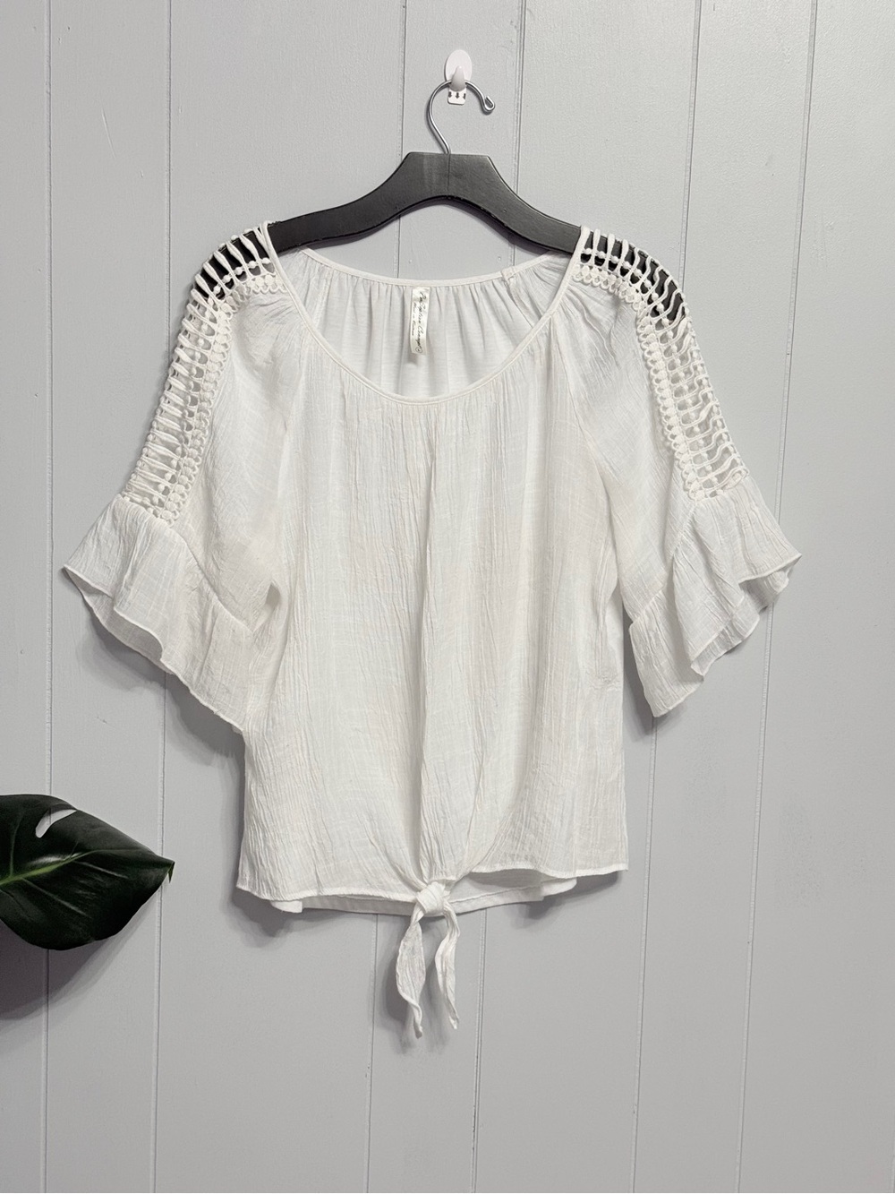 #17)  PerSeption Concept White Crochet-Shoulder Tie-Hem Blouse